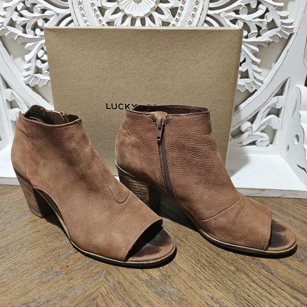 Lucky Brand Brown Suede Ankle Booties with Wedge Heel Open Toe Womans 9